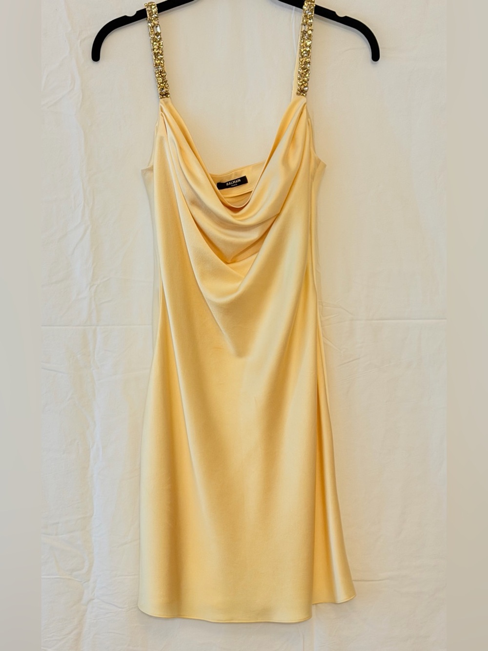 Balmain Pale Yellow Satin Cowl Neck Slip Dress